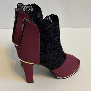 FINAL! NWOT! Elegant Peep-Toe Lace Heeled Boots - Black and Burgundy